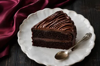 Elegant Chocolate Cake Slice on White Plate