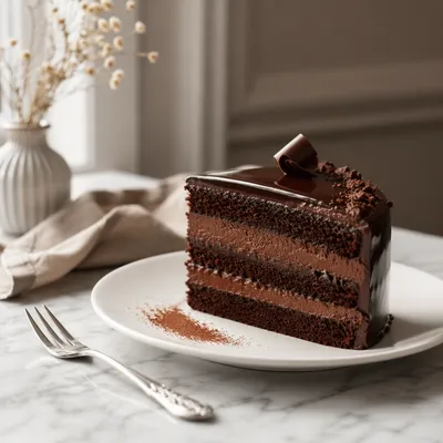 Elegant Chocolate Cake Slice on White Plate