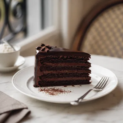 Elegant Chocolate Cake Slice on White Plate