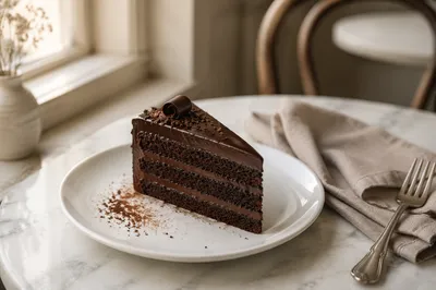 Elegant Chocolate Cake Slice on White Plate