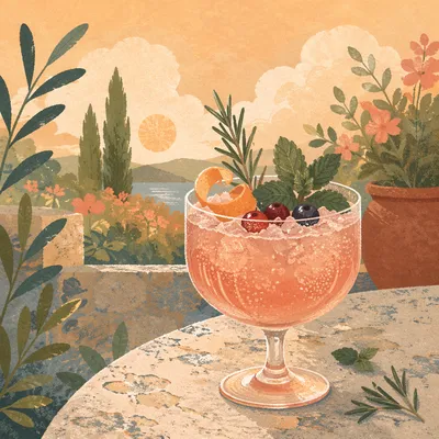 Herb Garnished Coral Cocktail at Golden Hour