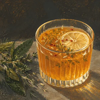 Amber Herbal Cocktail with Citrus Garnish