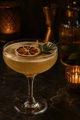 Elegant Golden Cocktail With Herb Garnish