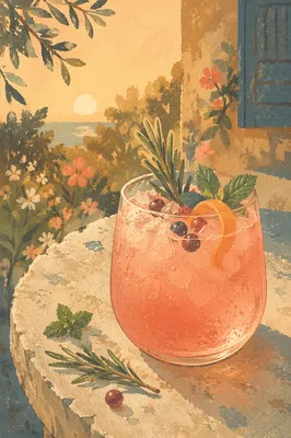 Herb Garnished Coral Cocktail at Golden Hour