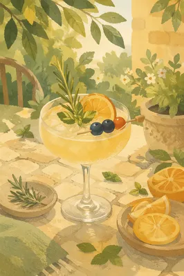 Herb Garnished Citrus Cocktail in Garden Light