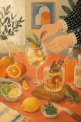 Herbal Citrus Craft Cocktails on Coral Table