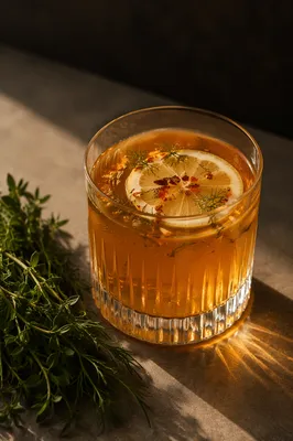 Amber Herbal Cocktail with Citrus Garnish