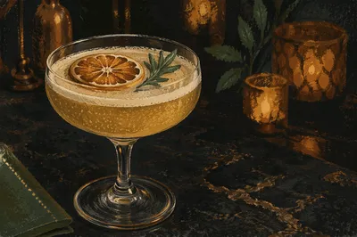 Elegant Herb Garnished Golden Coupe Cocktail