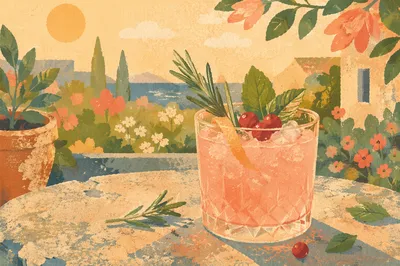 Herb Garnished Coral Cocktail at Golden Hour