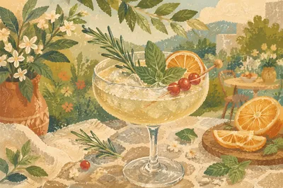 Herb Garnished Citrus Cocktail in Garden Light