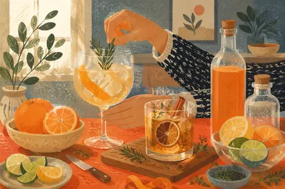Herb Garnished Citrus Craft Cocktail Scene