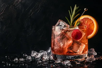Elegant Herb Garnished Amber Cocktail