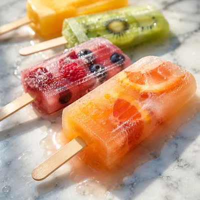 Melting Colorful Fruit Popsicles on Marble