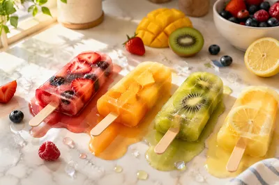 Melting Fruit Popsicles on White Marble