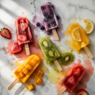 Colorful Melting Fruit Popsicles on Marble