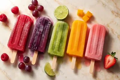 Colorful Melting Fruit Popsicles on Marble
