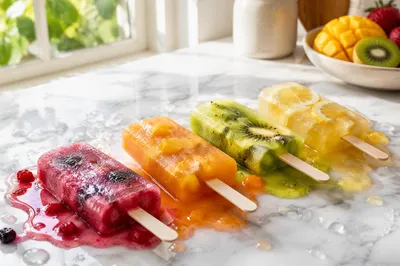 Colorful Melting Fruit Popsicles on Marble