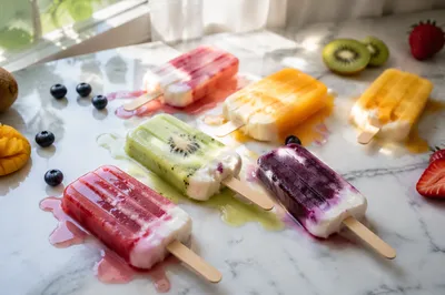 Colorful Melting Fruit Popsicles on Marble