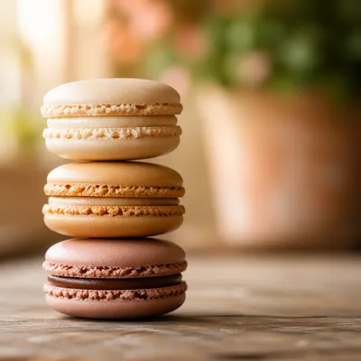 Pastel French Macarons on Rustic Table