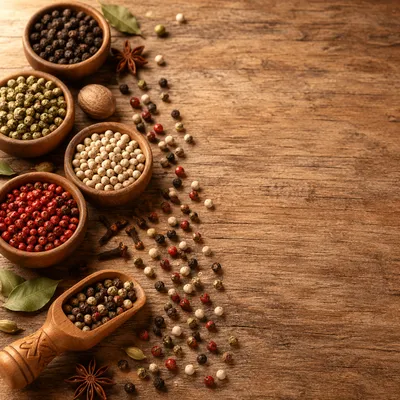 Colorful Peppercorn Bowls on Rustic Wood