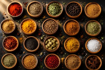 Colorful Spice Bowls on Dark Slate