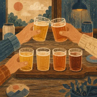 Craft Beer Flight on Rustic Wooden Paddle