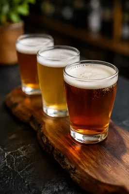 Craft Beer Flight on Rustic Wooden Paddle