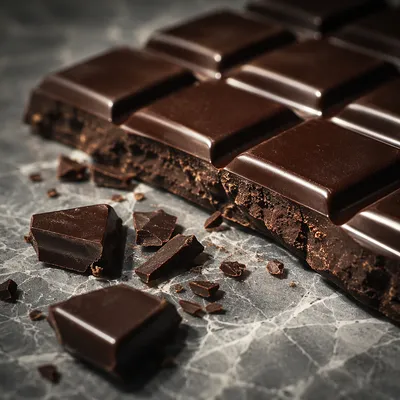 Broken Dark Chocolate on Gray Marble