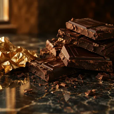 Broken Dark Chocolate on Marble with Gold Foil