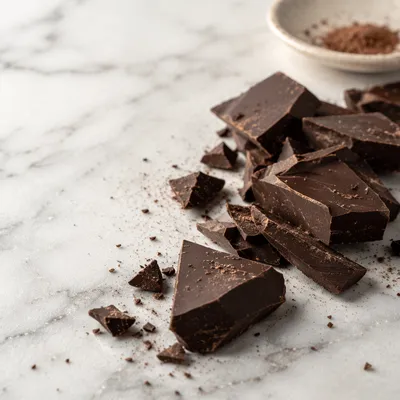 Broken Dark Chocolate on White Marble
