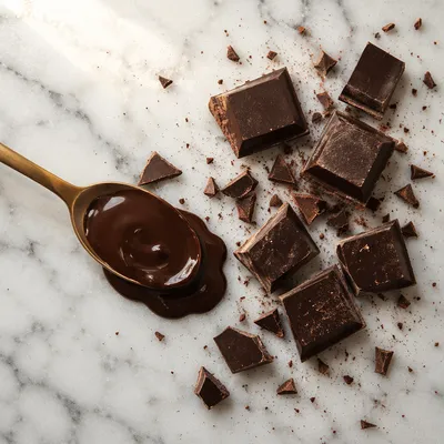 Broken Dark Chocolate on Marble Surface