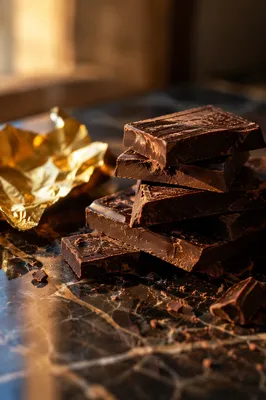 Broken Dark Chocolate on Marble Surface