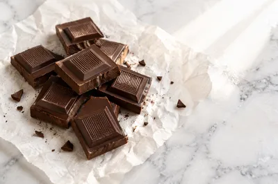 Broken Dark Chocolate on White Marble