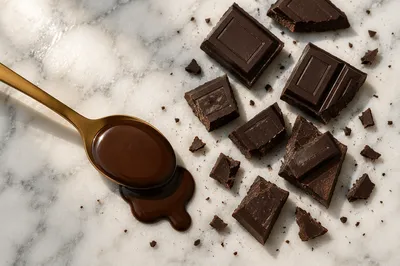Broken Dark Chocolate on Marble Surface