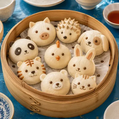 Playful Animal Dim Sum in Bamboo Steamer