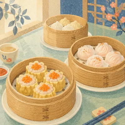 Dim Sum Bamboo Steamers on Mint Table