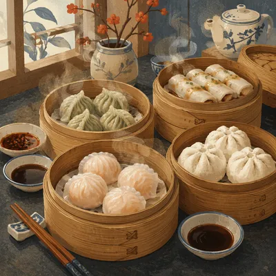 Variety of Dim Sum in Bamboo Steamers