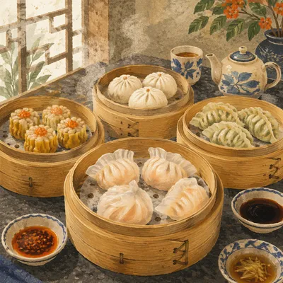Dim Sum Variety in Bamboo Steamers