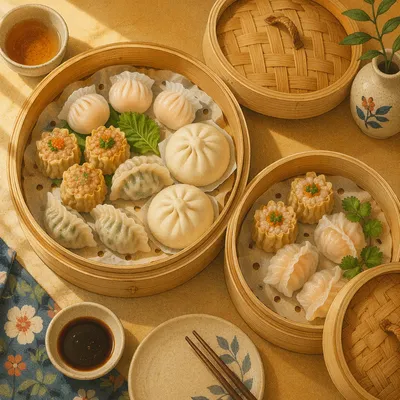 Overhead Dim Sum Bamboo Steamer Variety
