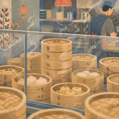 Warm Bamboo Dim Sum Display Closeup