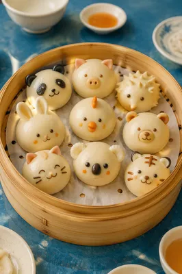 Playful Animal Dim Sum in Bamboo Steamer