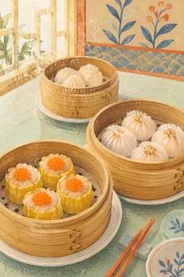 Dim Sum Bamboo Steamers on Mint Table