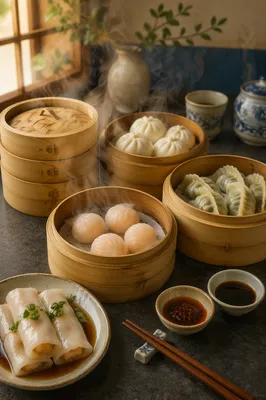 Dim Sum Variety in Bamboo Steamers