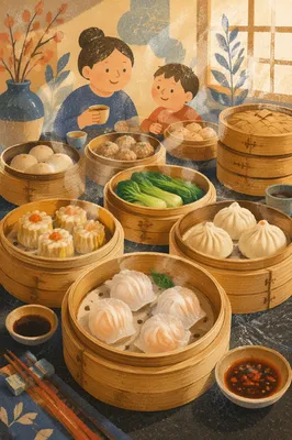 Variety of Dim Sum in Bamboo Steamers