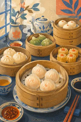 Dim Sum Variety in Bamboo Steamers