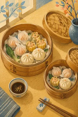 Overhead Dim Sum Bamboo Steamer Variety