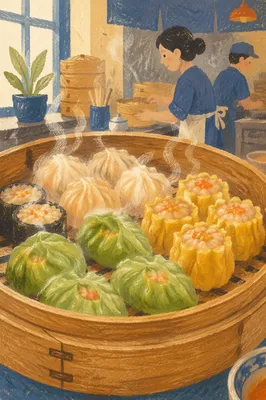 Steaming Dim Sum in Bamboo Basket