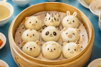 Playful Animal Dim Sum in Bamboo Steamer