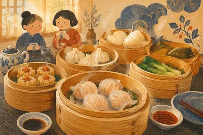Variety of Dim Sum in Bamboo Steamers