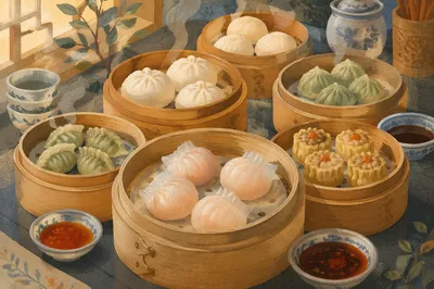 Dim Sum Variety in Bamboo Steamers